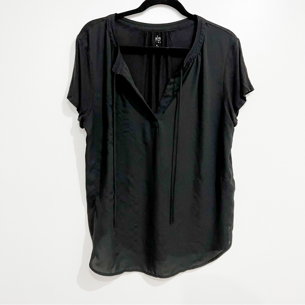 V-Neck Mixed Fabric T-Shirt Blouse with Tie